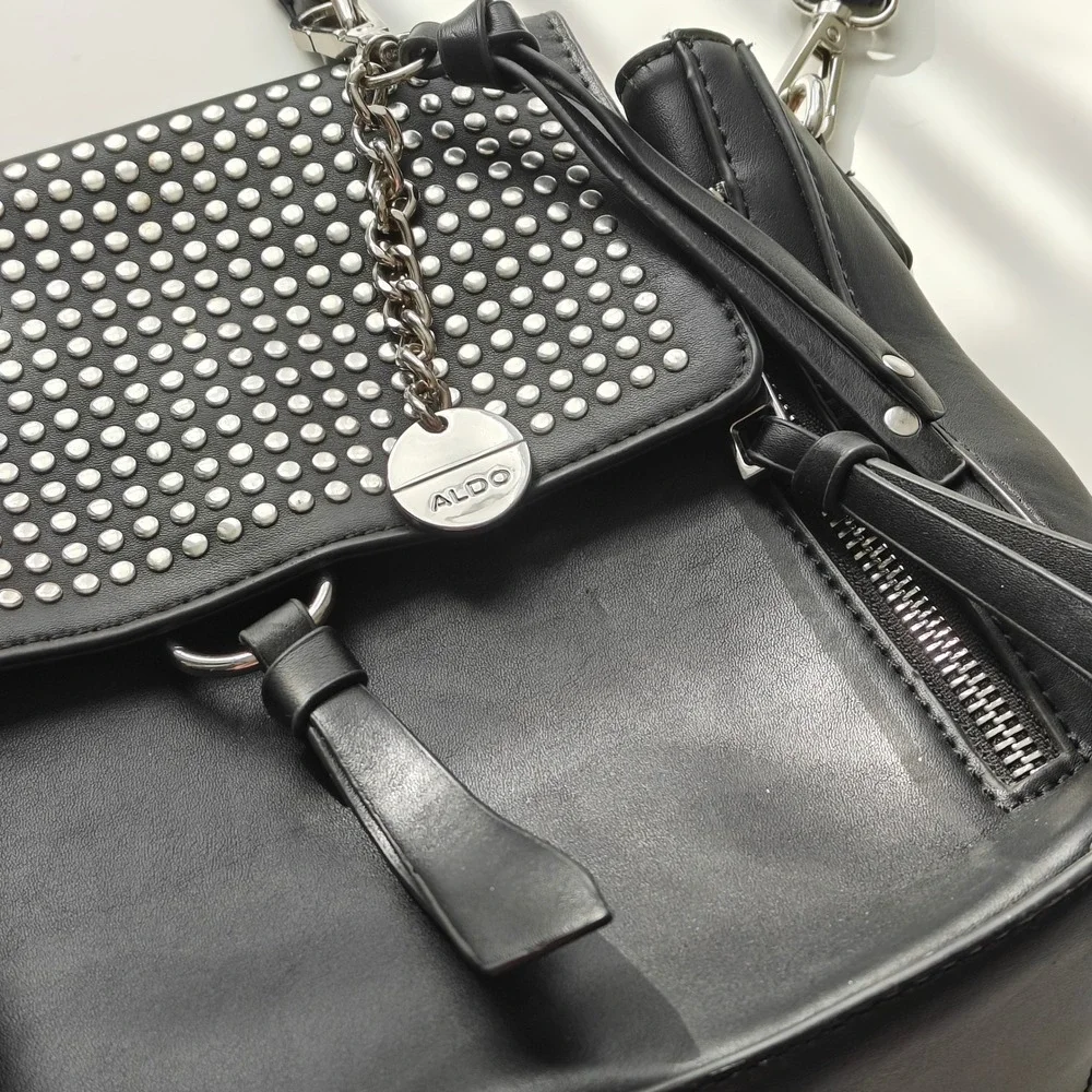 Aldo Black Studded Crossbody Bag Silver Hardware Moto Rocker Satchel Handbag